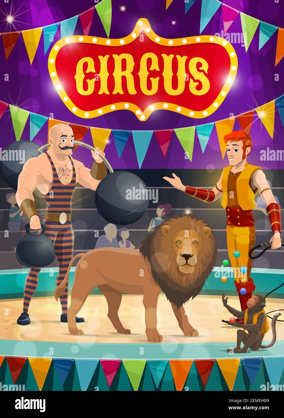 Zirkus Vektor Poster Darsteller starker Mann mit Langhanteln und Tamer mit ausgebildeten Löwen und Affen Jongleur Durchführung Show auf großen Top-Arena. Cartoon artis Stock Vektor