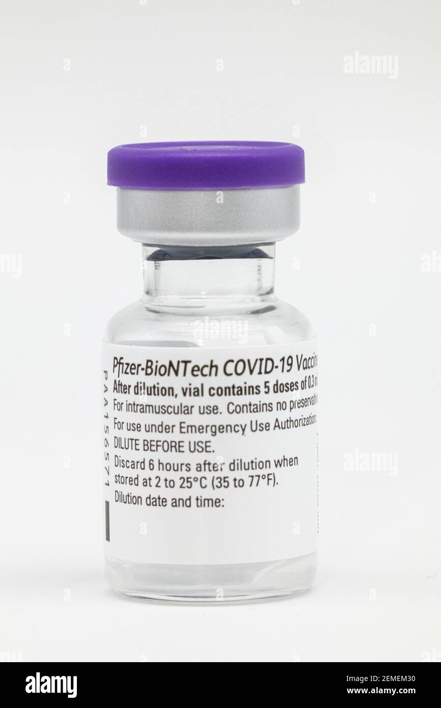 Fläschchen mit Pfizer-BioNTech-Impfstoff gegen Covid-19 Stockfoto