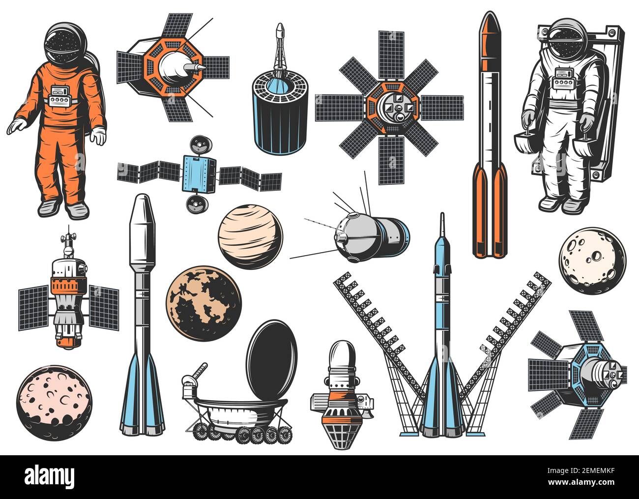 Symbole für Weltraumforschung eingestellt. Astronaut im Raumanzug auf Manövriereinheit, natürliche und künstliche Satelliten, Raketenbooster, Raumschiffe und Sonnensystem Stock Vektor