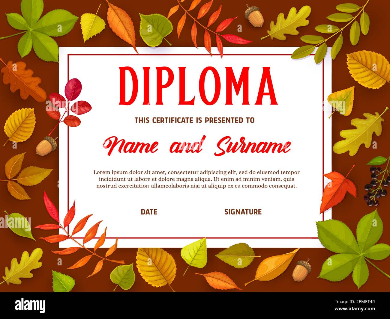 Bildungszertifikat mit Herbstblättern, Kinder Diplom für Schule oder Kindergarten Vektor-Vorlage. Kinderpreis Border Design, Diplom für Teilnahme Stock Vektor
