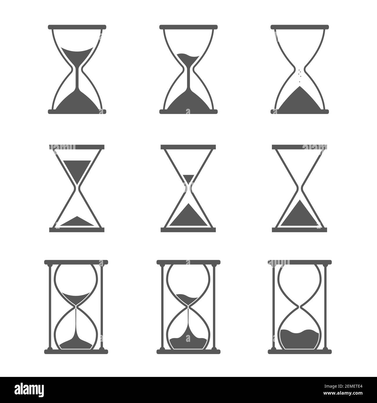 Sandglas Icon Set. Klassische Form, dreieckig und rund. Flache Vektorgrafik isoliert auf Weiß. Stock Vektor