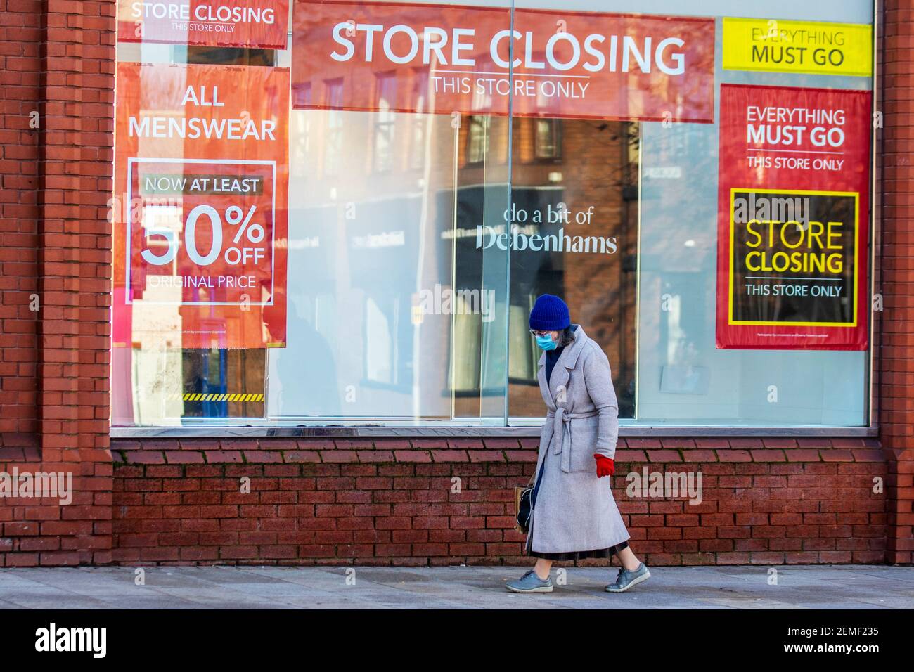 Preston, Lancashire. Februar 2021, 25th. Das Stadtzentrum dezimierte sich mit Schließungen der Debenhams-Läden und anderen Geschäftsausfällen. Quelle: MediaWorldImages/AlamyLiveNews. Stockfoto