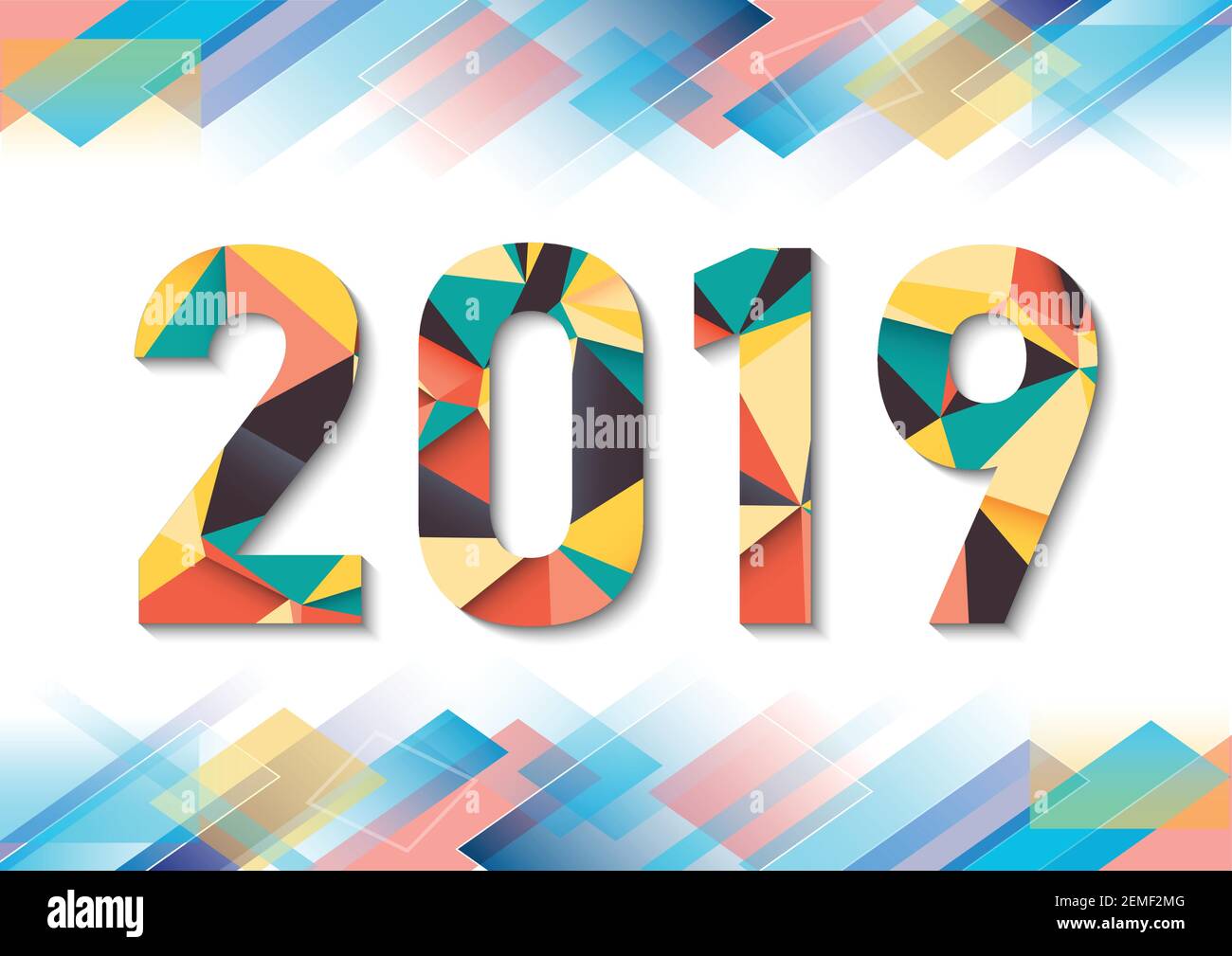 Abstrakte polygonale Zahlen für Neujahr 2019 mit Textur. Moderne futuristische Vorlage für 2019 isoliert auf weißem Hintergrund. Vektorgrafik. Stock Vektor