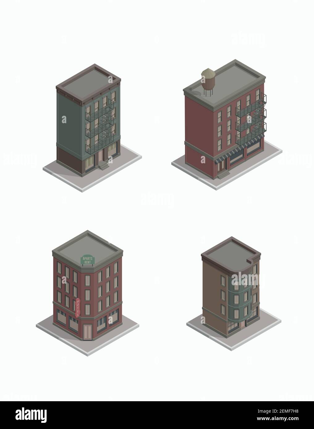 Set von Vektor isometrischen gotischen Häusern. Vektor-Illustration von Vintage Wohnblock. New York Block. Brooklyn Apartment. Isoliert. Stock Vektor