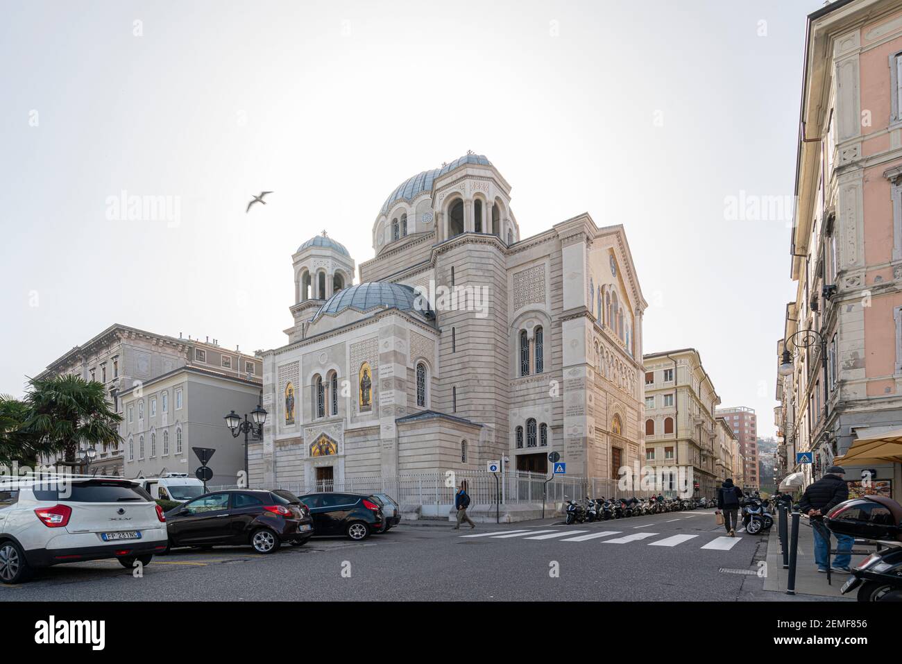 Triest, Italien. 24. Februar 2921. Die Außenansicht der orthodoxen Kirche im Stadtzentrum Stockfoto