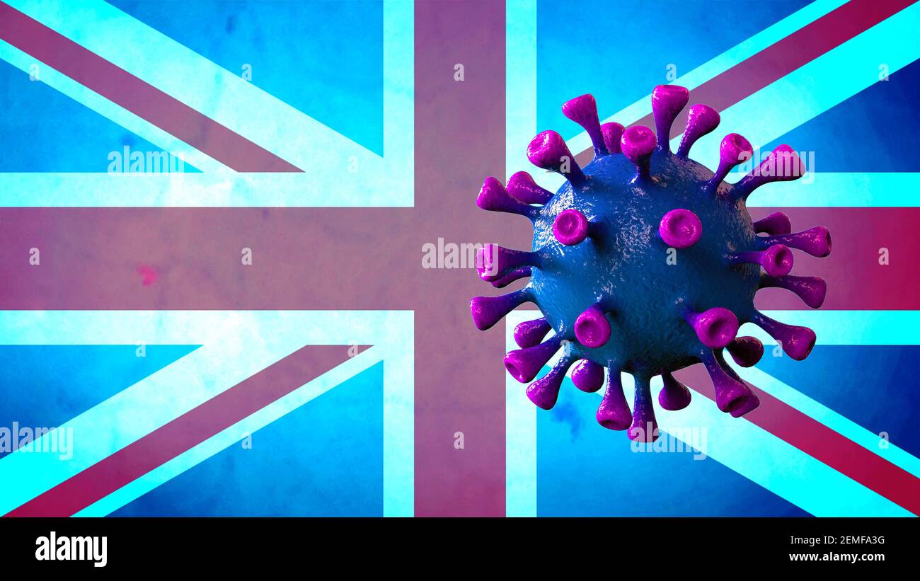 Covid britische und englische Variante, Coronavirus Mutation mit blauer englischer Flagge. Stockfoto