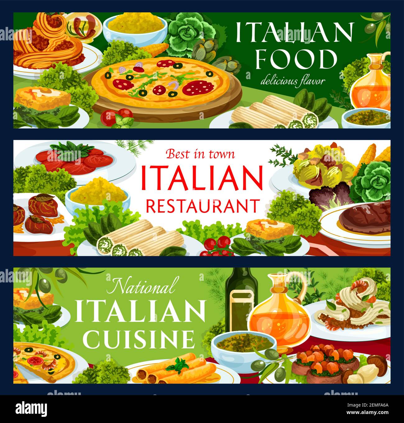 Italienische Lebensmittel Restaurant Vektor Banner mit Mahlzeiten. Pizza mit Salami, Spaghetti Bolognese und Garnelen Tagliatelle in Bier, Eier florentine, Lasagne Dose Stock Vektor