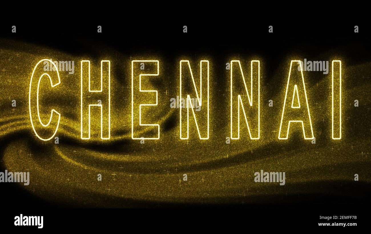 Chennai Gold Glitzer Schriftzug, Chennai Tourismus und Reisen, Kreative Typografie Text Banner, auf schwarzem Hintergrund. Stockfoto