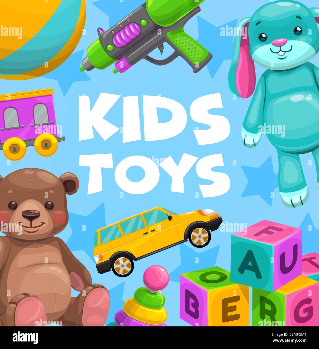 Kinder Spielzeug Vektor Zug, Ball und Wasserpistole mit Holzwürfelblöcke, Auto, weichen Bären, Plüsch Kaninchen oder Kunststoff-Pyramide. Baby Shop Spielsachen für educati Stock Vektor