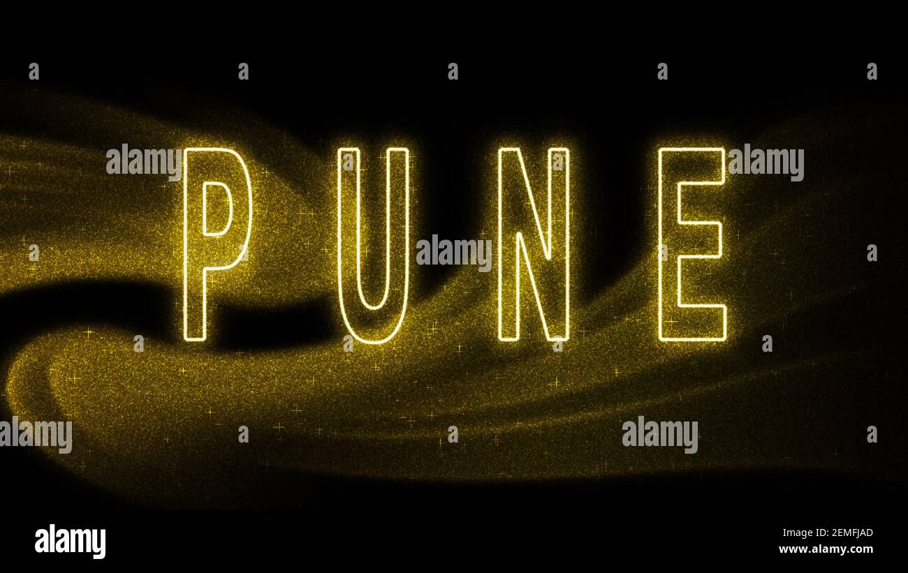 Pune Gold Glitzer Schriftzug, Pune Tourismus und Reisen, Kreative Typografie Text Banner, auf schwarzem Hintergrund. Stockfoto