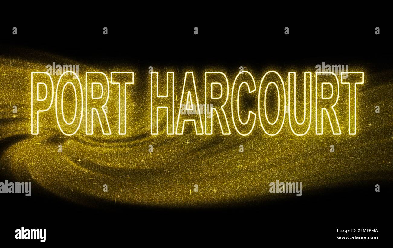 Port Harcourt Gold Glitzer Schriftzug, Port Harcourt Tourismus und Reisen, Kreative Typografie Text Banner, auf schwarzem Hintergrund. Stockfoto