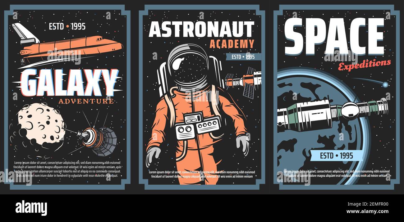 Galaxy Abenteuer, Astronaut Akademie und Space Expedition Vektor-Poster. Shuttle Orbiter und Raumschiff Kommandomodul, Orbitalstation und Satellit, Stock Vektor