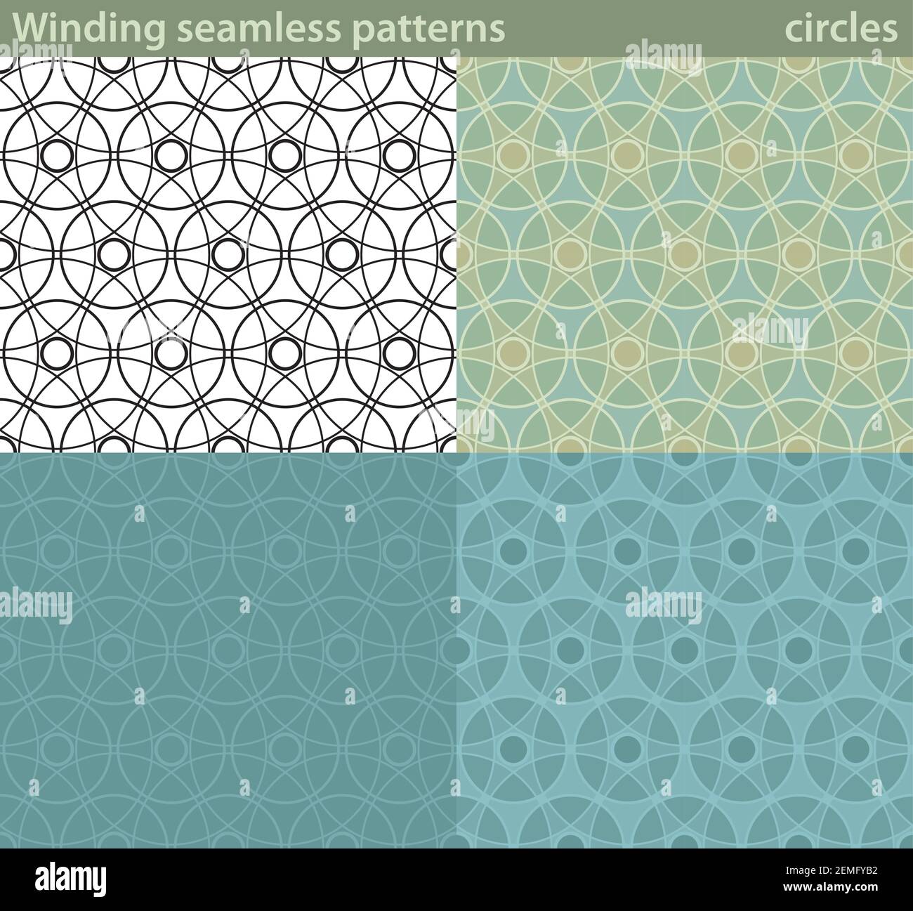 Vier verschiedene Varianten eines nahtlosen Musters mit kreisförmigen Motiven. Stock Vektor