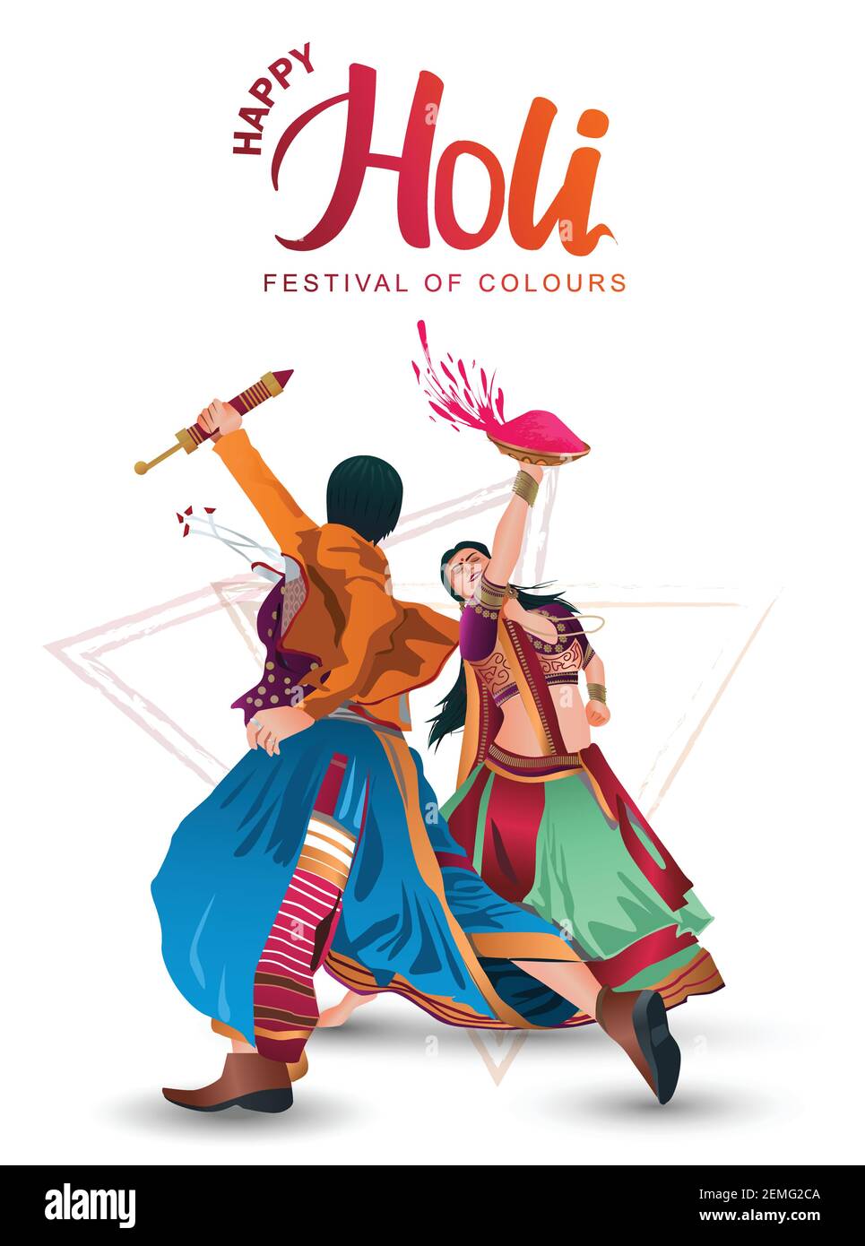 Happy holi weißen Hintergrund mit traditionellen indischen Paar Tanz für heilige Feier. vektor-Illustration Stock Vektor