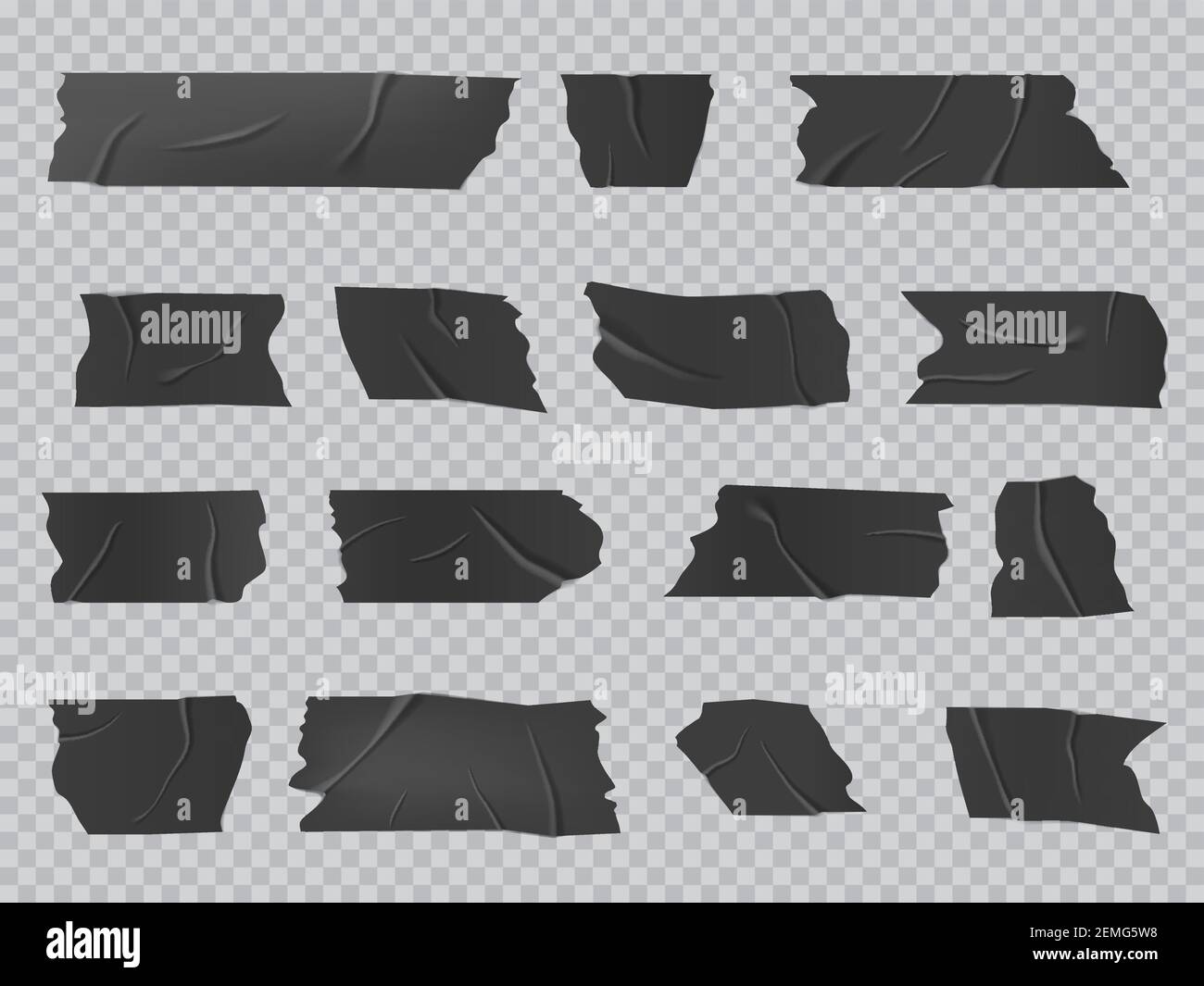 Klebeband, isolierte Vektor schwarz Kleber zerknittert Scotch Streifen,  klebende Klebebandstücke für fix, Reparatur oder Verpackung Gepäck.  Realistische 3D-Isolat Stock-Vektorgrafik - Alamy