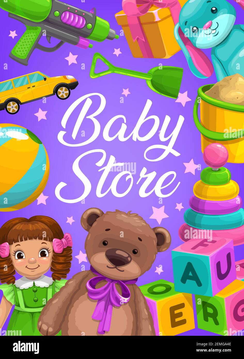 Baby Store Vektor Spielzeug Sand Eimer, Ball und Wasserpistole mit Puppe, Würfel Blöcke, Geschenkbox und Kunststoff-Schaufel, Auto mit weichen Bären. Babyladen Spielsachen Stock Vektor