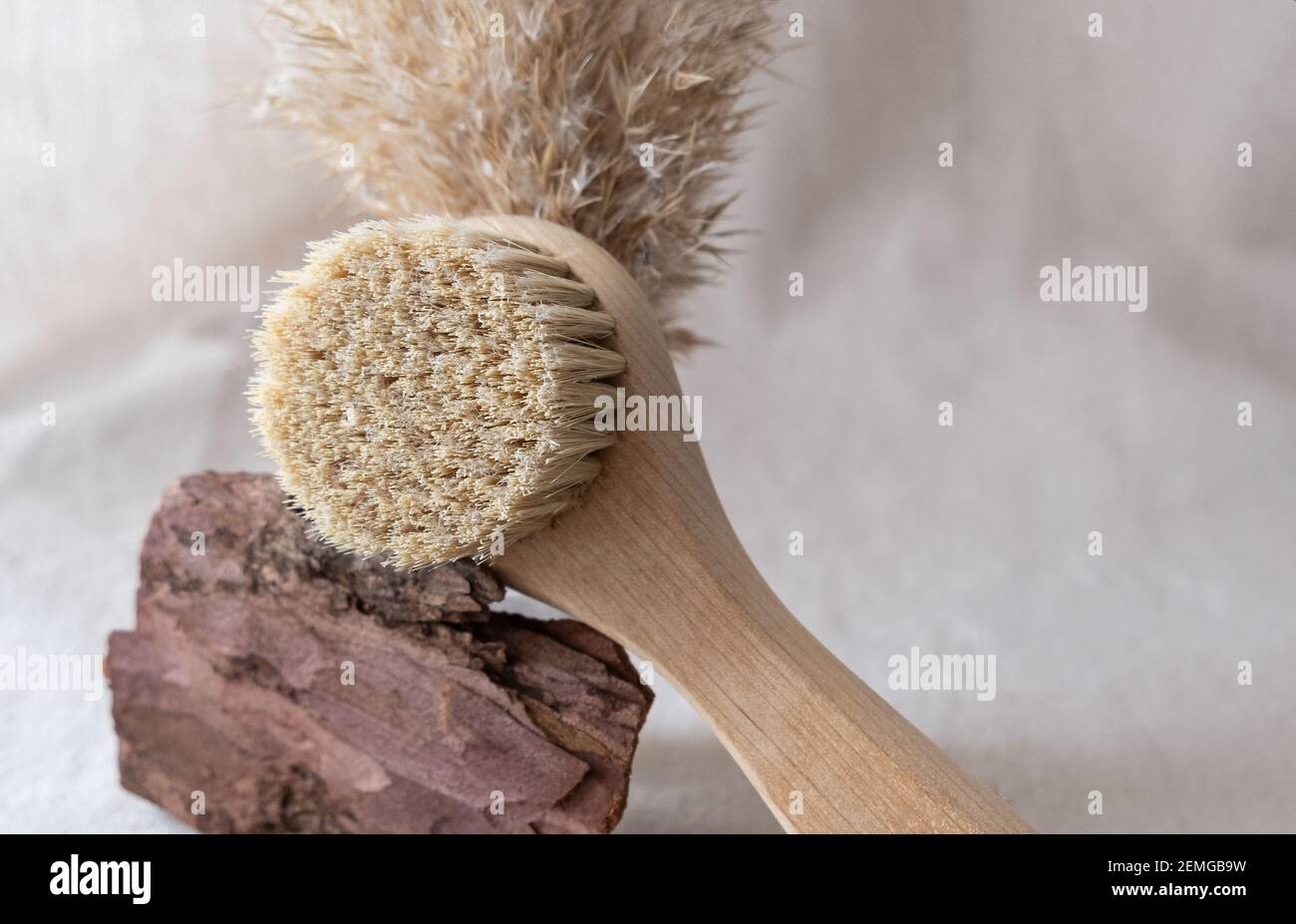 Natürliche Borsten Gesichtsmassage Bürste. Umweltfreundliche Kosmetik-Konzept Stockfoto