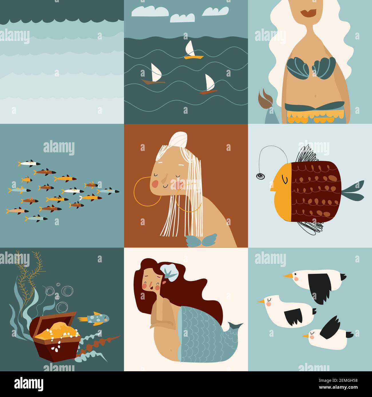 Set Von Cartoon Schone Meerjungfrauen Und Meer Elemente Stock Vektorgrafik Alamy