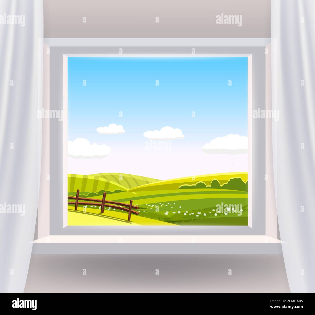 Offenes Fenster Innenhaus mit einer ländlichen Landschaft Blick auf die  Natur. Land Frühling Sommer Landschaft aus Sicht das Fenster der grünen  Wiese Felder Panorama Stock-Vektorgrafik - Alamy