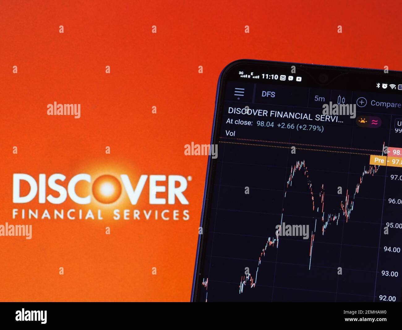 In dieser Abbildung werden die Börseninformationen von Discover Financial Services auf einem Smartphone angezeigt, während das Logo von Discover Financial Services im Hintergrund zu sehen ist. Stockfoto