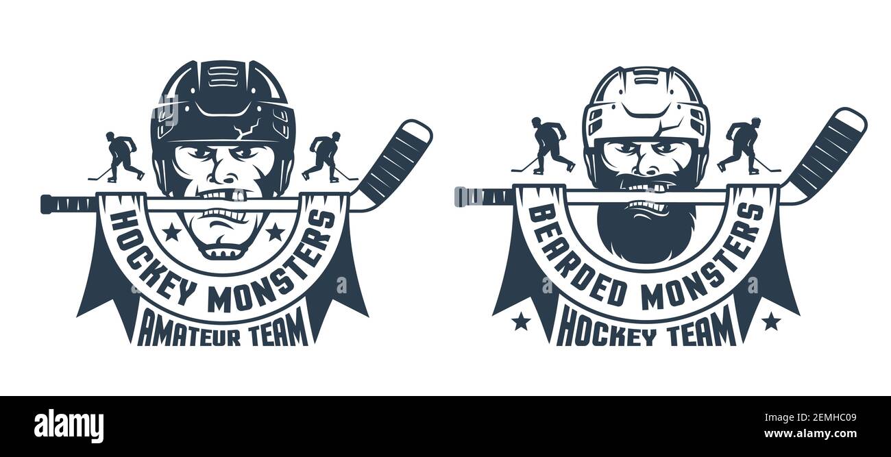 Hockey-Logo mit Spielerkopf und -Stick. Stock Vektor
