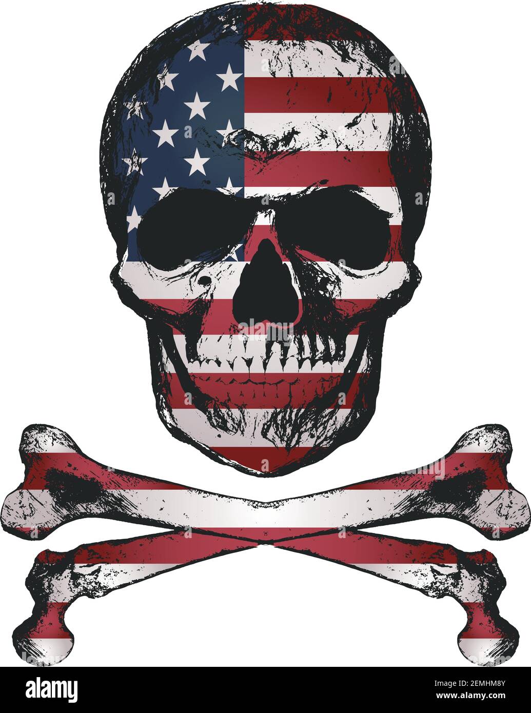 Vintage handgezeichneter Totenkopf im Grunge Stil mit USA Flagge Textur. Illustration des verzweifelten Vektorgrafikes. Elemente für Design. Stock Vektor