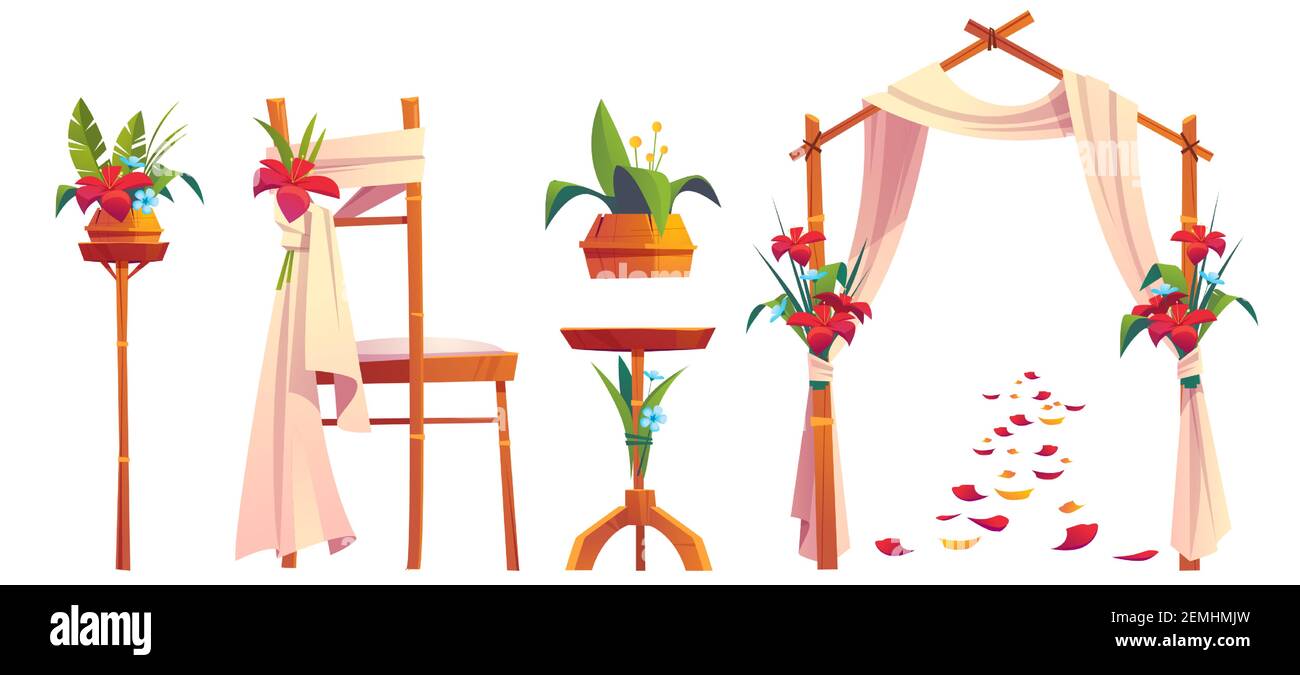 Strand Hochzeit Dekoration mit Blumenbogen und Stuhl isoliert auf weißem Hintergrund. Vektor Cartoon Satz von Objekten für die Trauung auf Seesaare, tropische Lage. Hochzeitstor mit Blumen Stock Vektor
