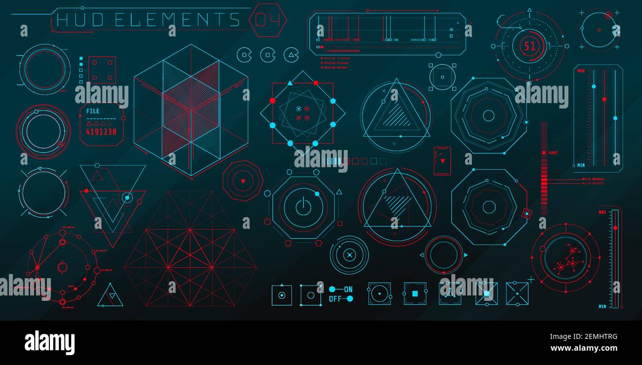 Eine Reihe von geometrischen HUD-Elementen für eine futuristische Schnittstelle. Stock Vektor
