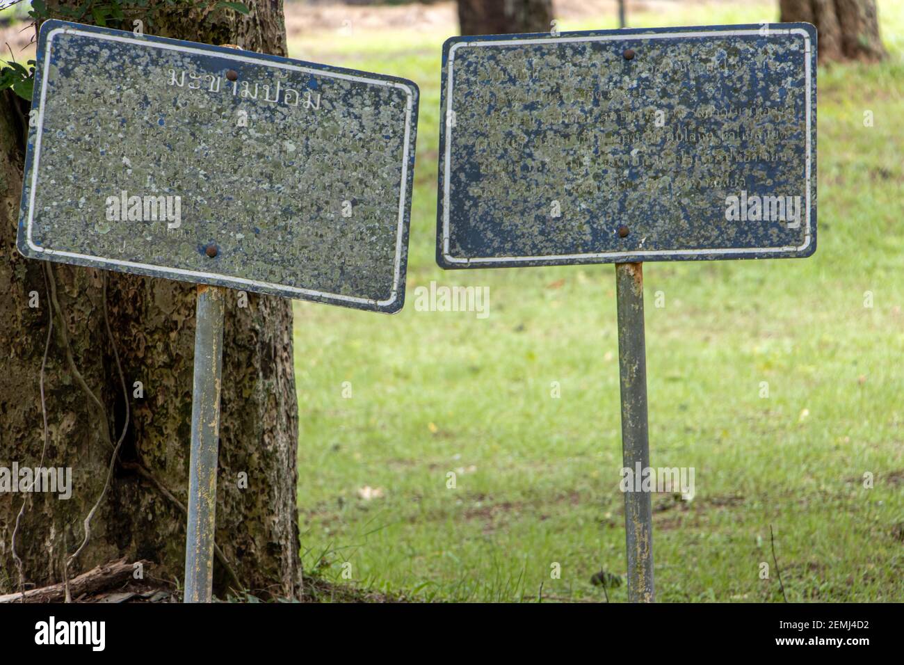 Unleserliche Inschriften auf Informationstafeln in einem Park auf dem Gelände eines buddhistischen Klosters, Thailand. Stockfoto