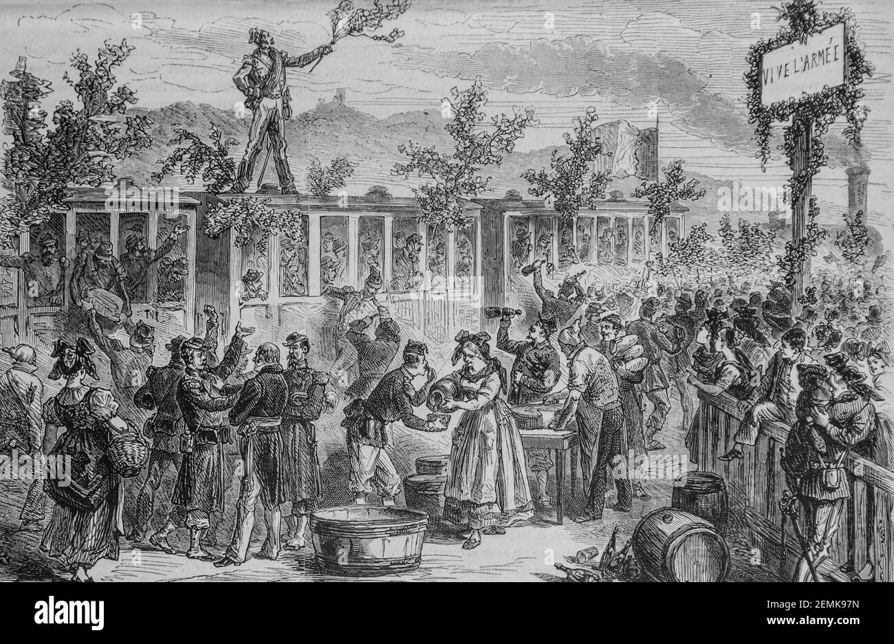 Reception d'un train militaire par les habitants des environs de saverne, l'univers illuste,editeur michel Levy 1870 Stockfoto