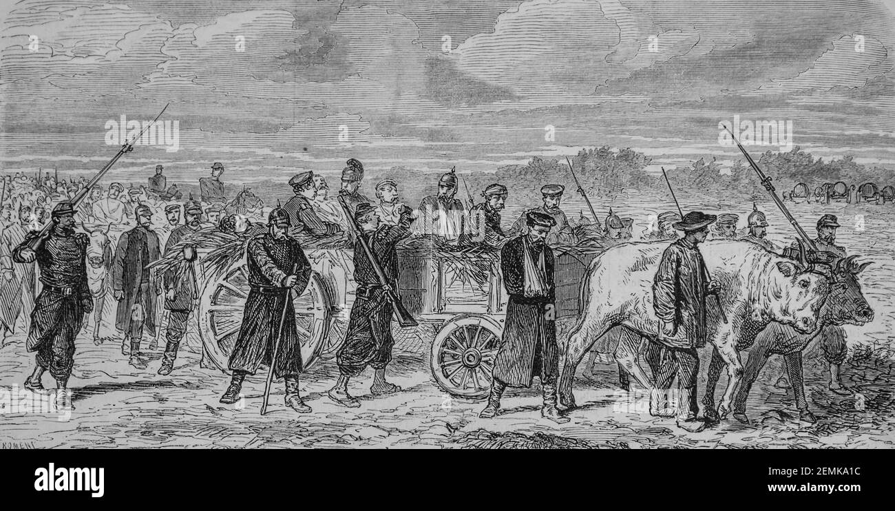 Convoi de prisenniers prussiens Blesses apres la bataille de courcelles, l'univers illuste,editeur michel Levy 1870 Stockfoto