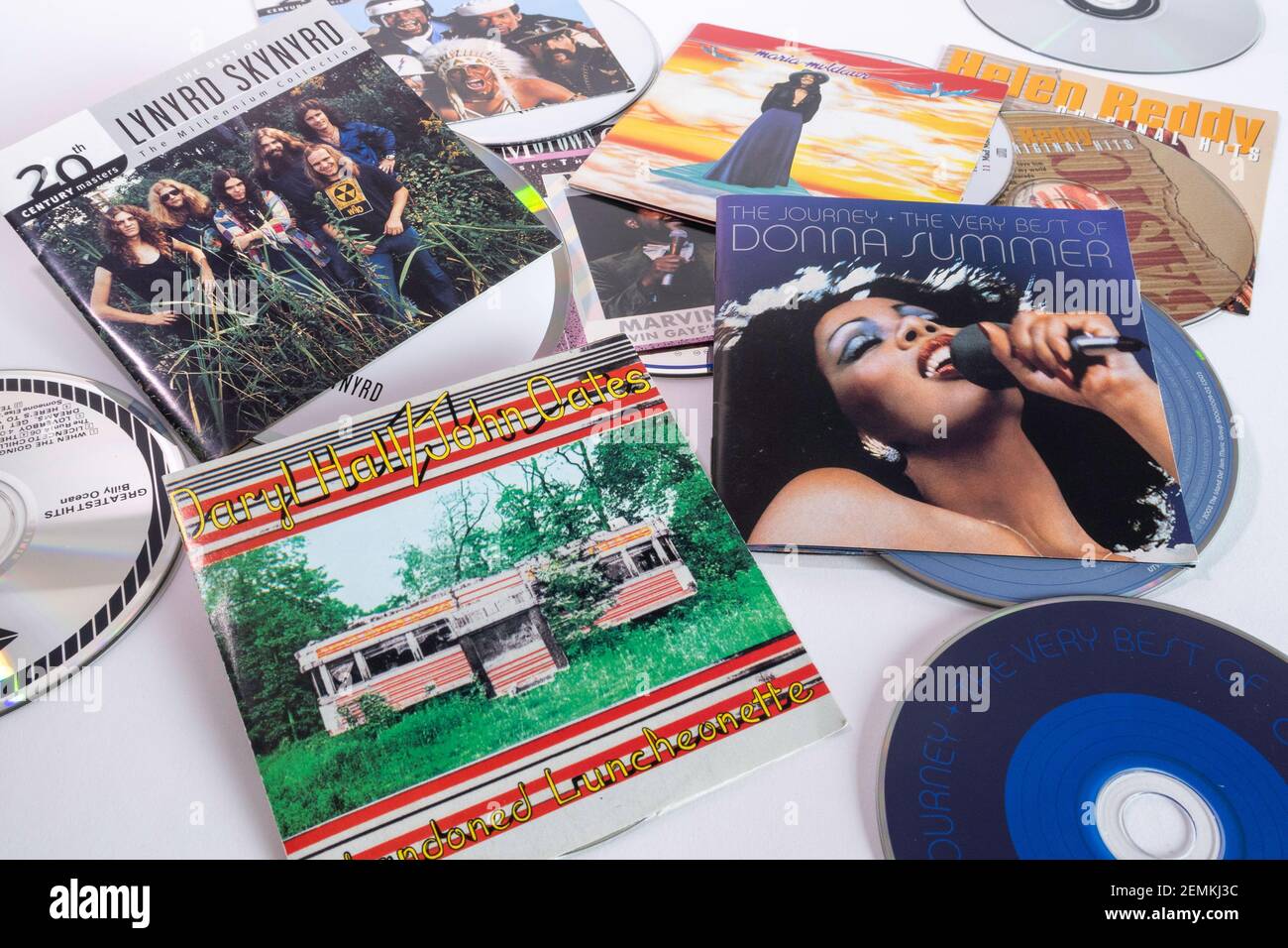 Stillleben von Compact Discs aus den 70er Jahren, USA Stockfoto