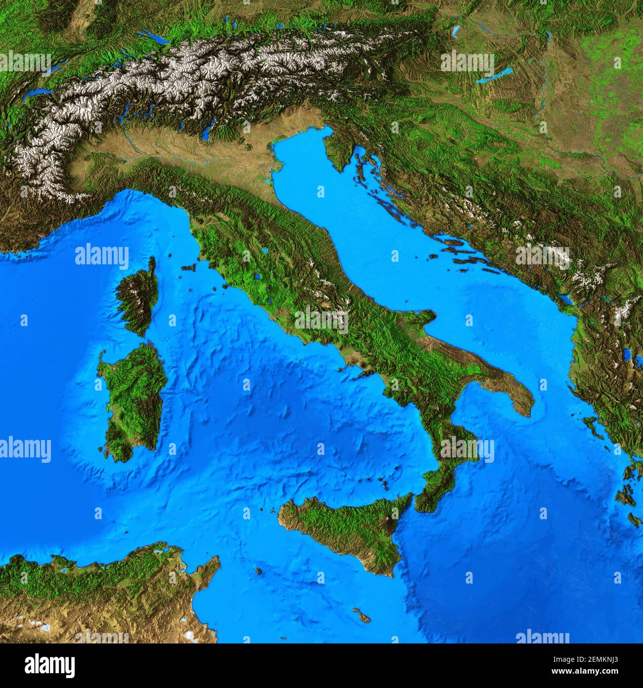 Physische Karte von Italien und der italienischen Region. Detaillierte flache Ansicht des Planeten Erde und seiner Landformen - Elemente von NASA eingerichtet Stockfoto