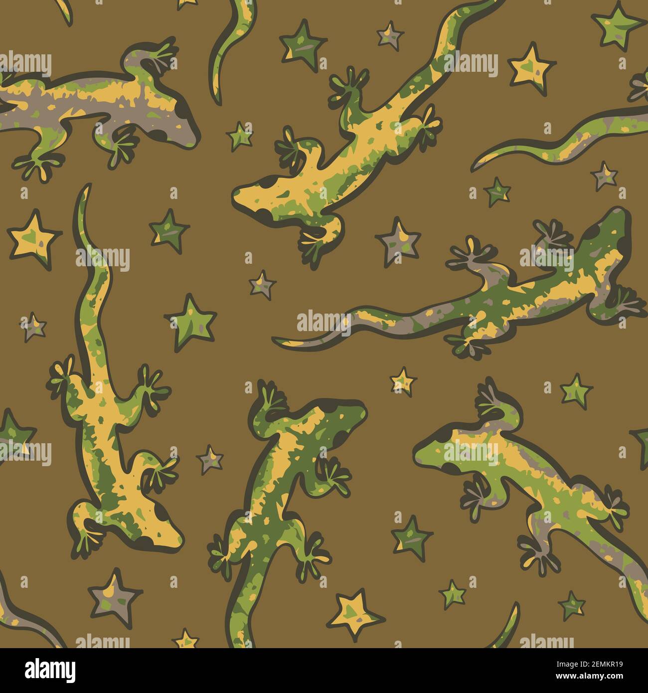 Nahtloses Vektor-Muster mit Eidechsen und Sternen auf braunem Hintergrund. Niedliche Tier-Tapete-Design mit Geckos. Stock Vektor