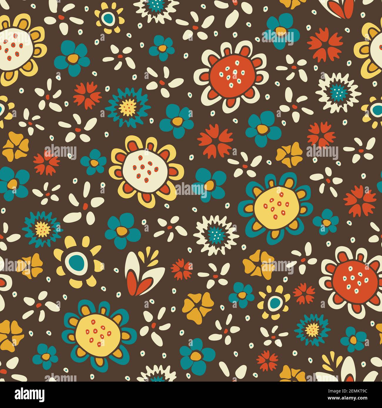 Nahtlose Vektor-Muster mit Blumen auf braunem Hintergrund. Funky Retro florale Tapete Design. Vintage-Mode in Stoffform. Stock Vektor