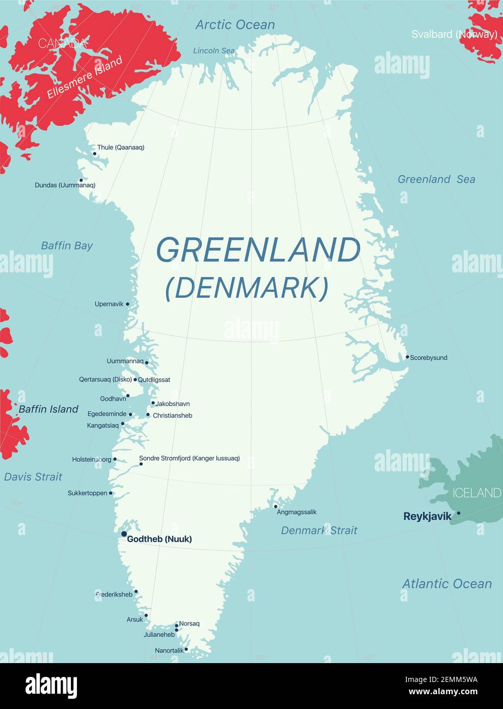 Grönland Insel Detaillierte editierbare Karte mit Regionen Städte und Städte, geografische Standorte. Vector EPS-10-Datei Stock Vektor