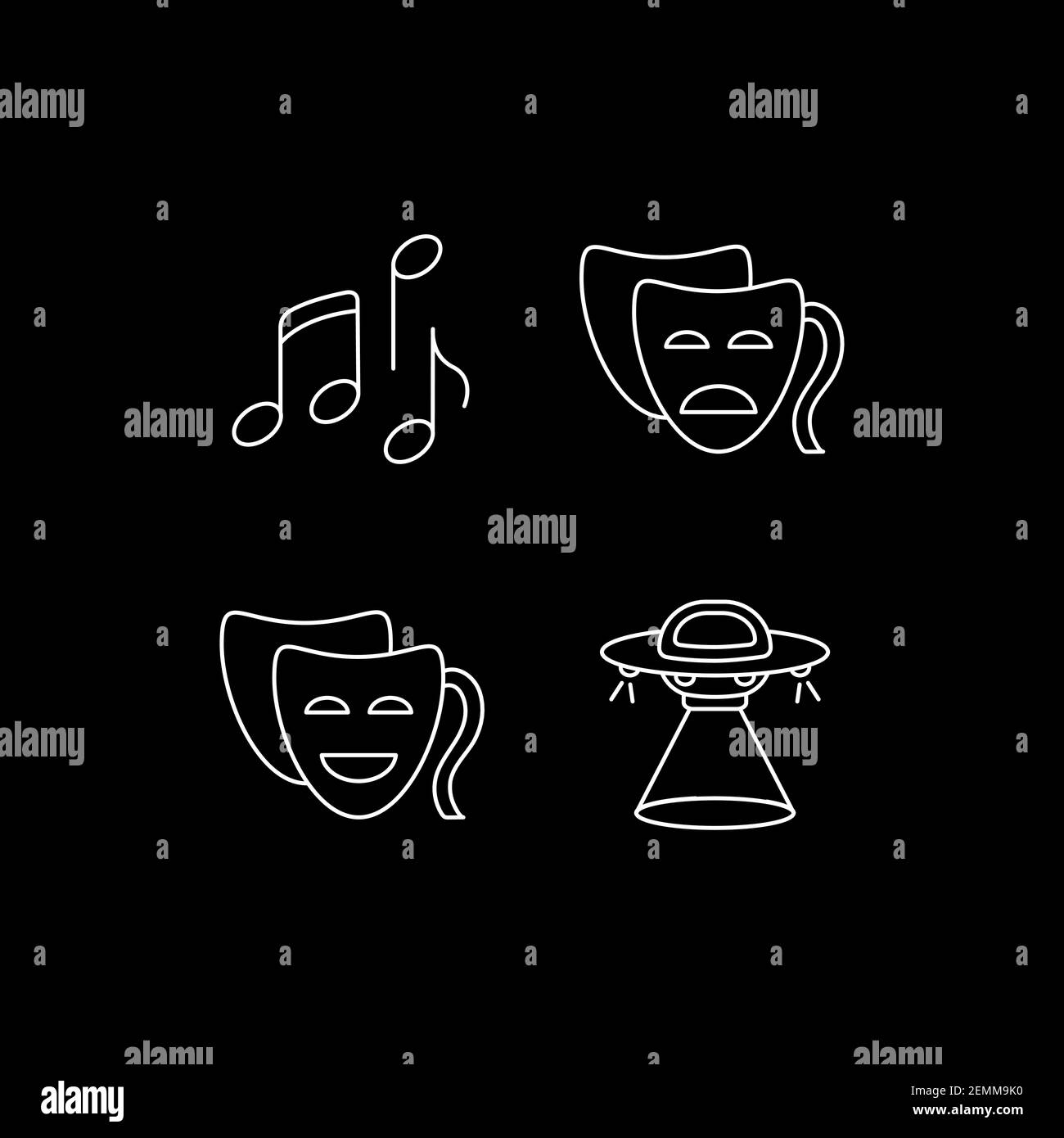 Kino Entertainment Kategorien weiße lineare Symbole für dunkle Thema gesetzt Stock Vektor