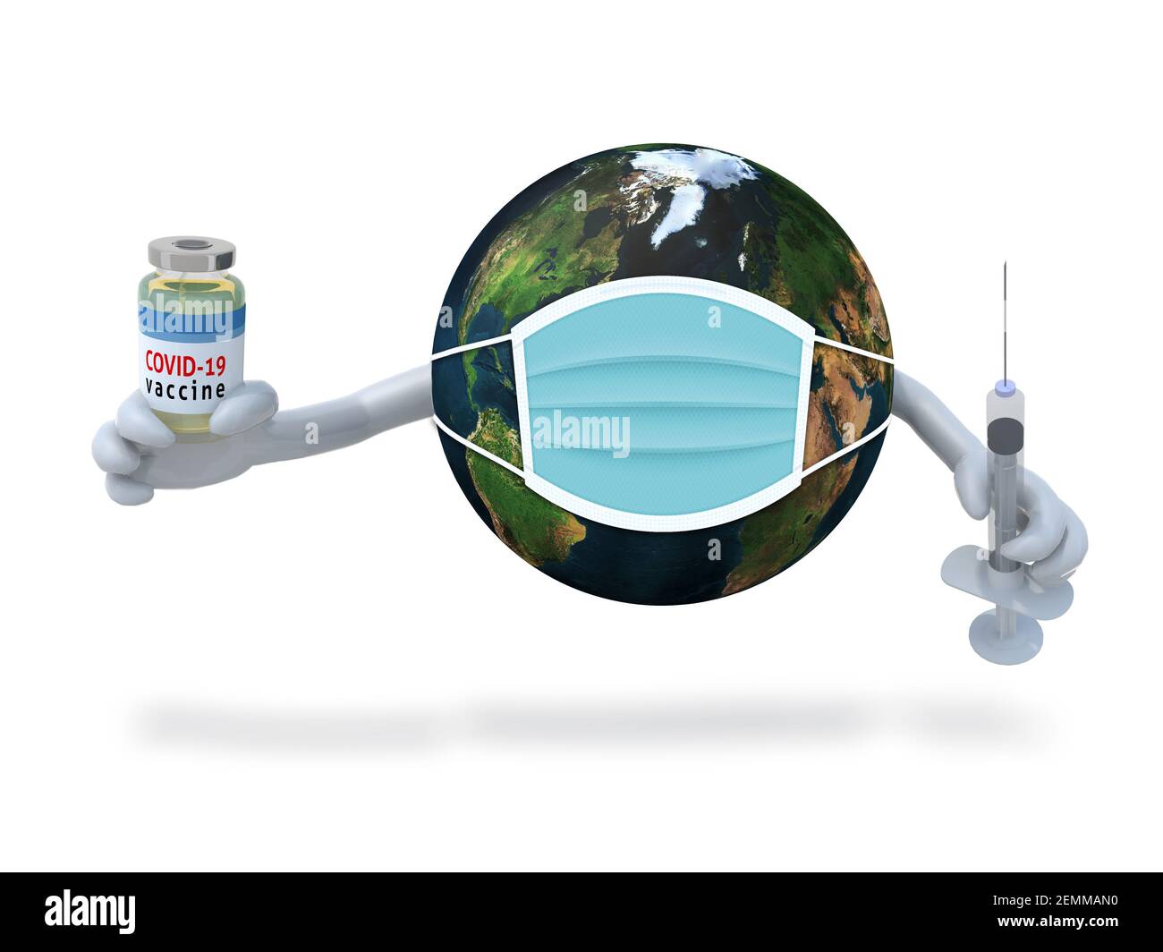 Planet Earth mit OP-Maske, Armen, Impfstoff und Spritze an Händen, 3D Illustration Stockfoto