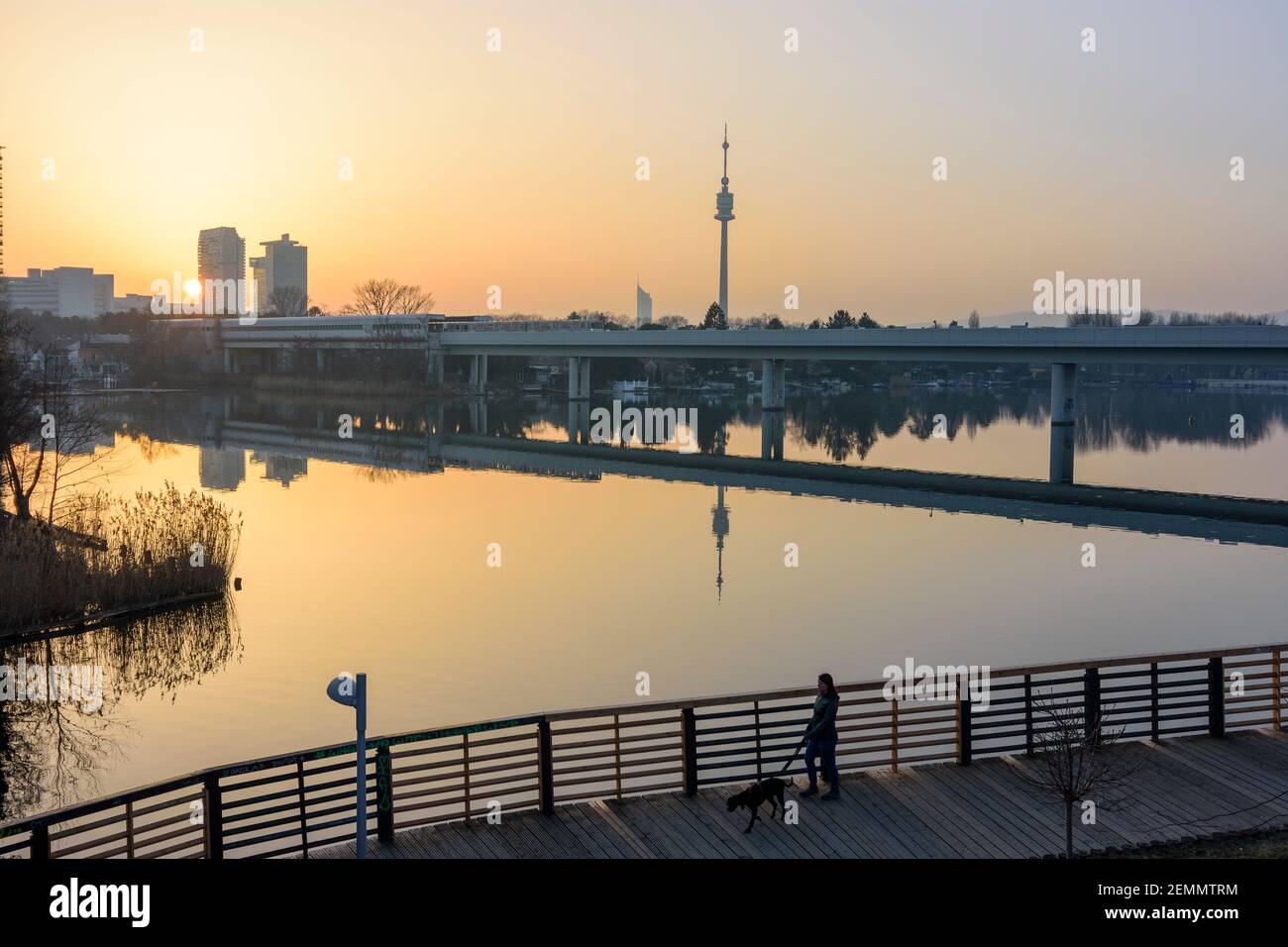 Wien, Wien: Sonnenuntergang mit Sahara-Staub, Alte Donau, Donauturm 22. Donaustadt, Wien, Österreich Stockfoto