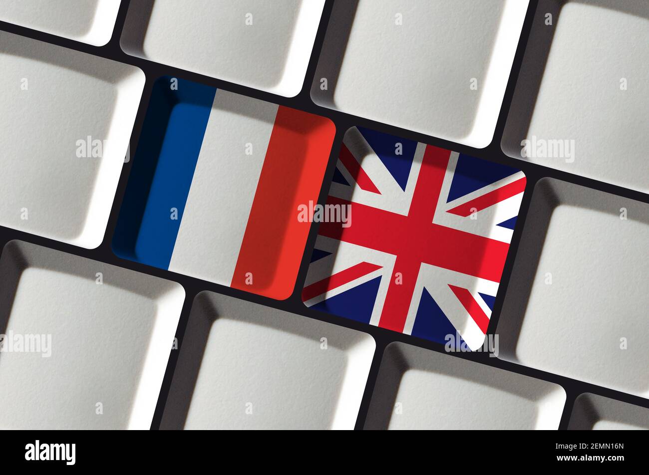 Tastatur mit Französisch Frankreich und Englisch Flagge Sprache lernen Übersetzung Stockfoto