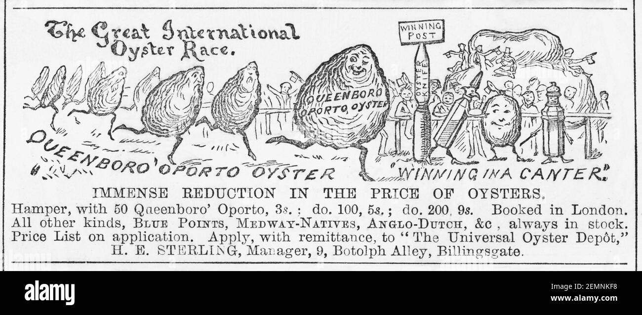 Victorian Magazin Zeitungspapier Fresh Oysters Anzeige von Billingsgate Markthändler von 1880 - vor Werbestandards. Geschichte der Lebensmittelwerbung. Stockfoto
