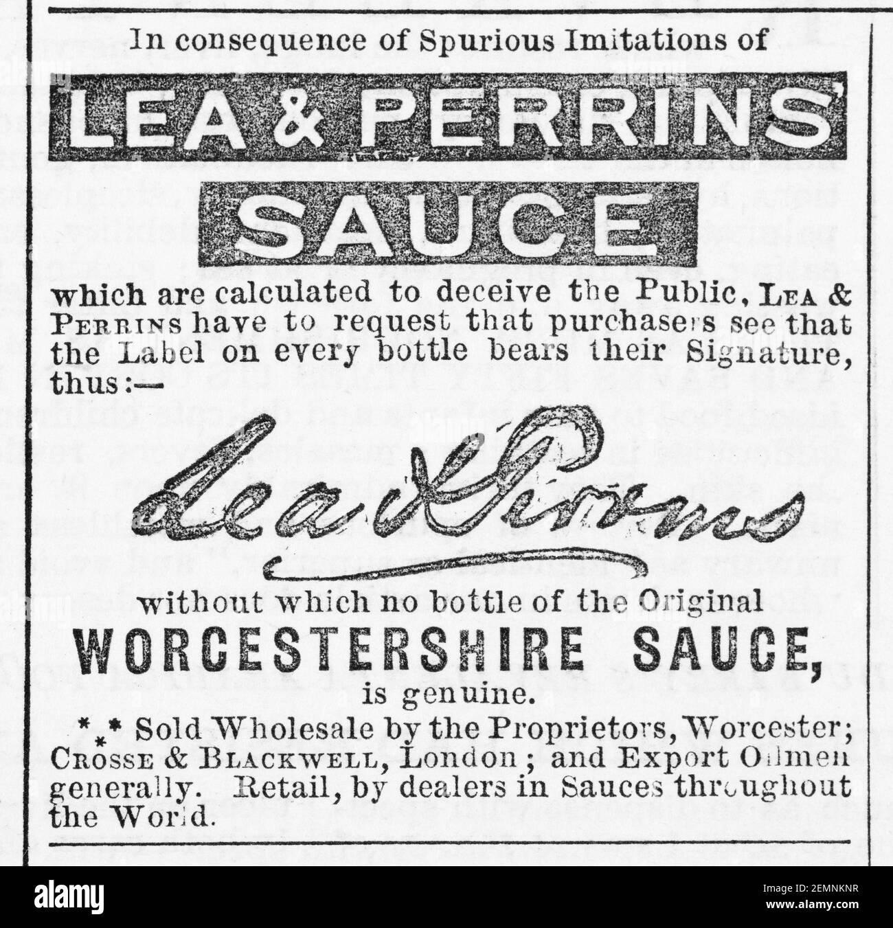 Old Victorian Magazine newsprint Lea & Perrin's Worcestershire Sauce Anzeige von 1880 - vor dem Anbruch der Werbestandards. Stockfoto