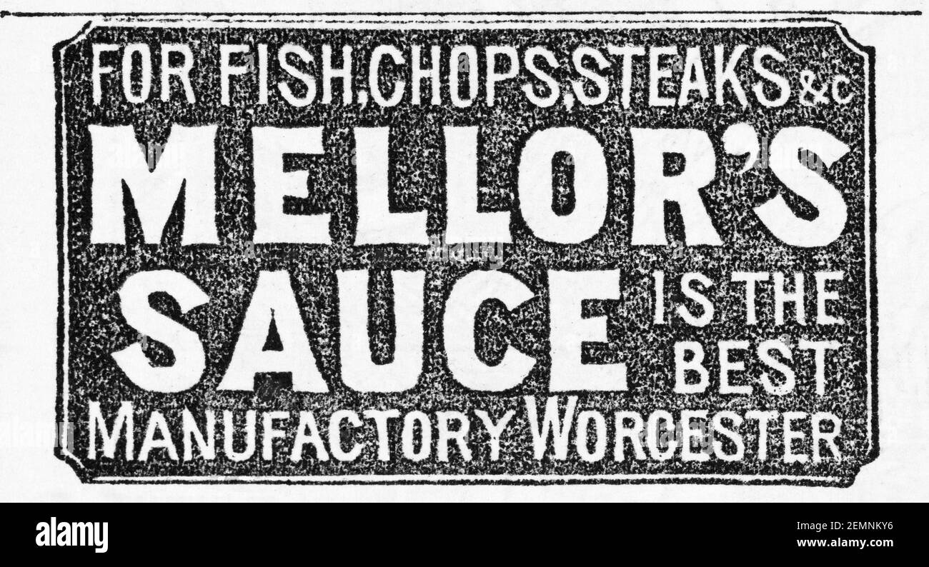 Alte viktorianische Zeitschriftenzeitschrift Werbespot von - vor der Morgendämmerung der Werbungsstandards. Mellors Sauce-Werbung von 1883. Stockfoto