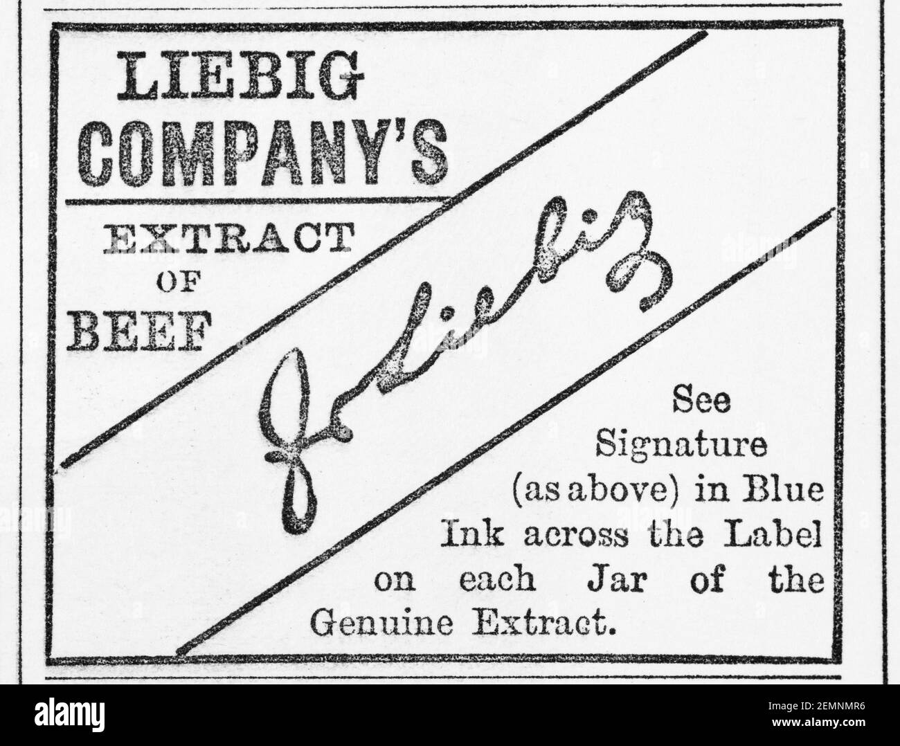 Old Victorian Liebig Beef Extract & Beef Tea Anzeige von 1891 - vor dem Anbruch der Werbestandards. Geschichte der Werbung, alte Lebensmittelwerbung. Stockfoto