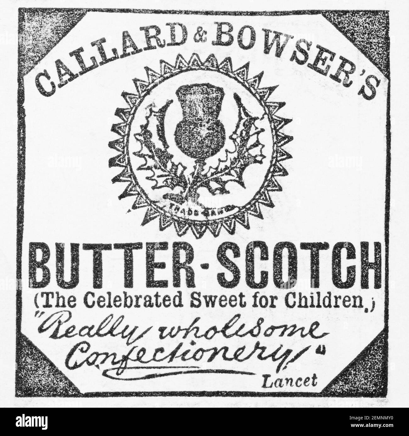 Old Victorian Callard & Bowser Butterscotch Werbung von 1894 - vor dem Anbruch der Werbestandards. Geschichte der Werbung, alte süße Werbung. Stockfoto