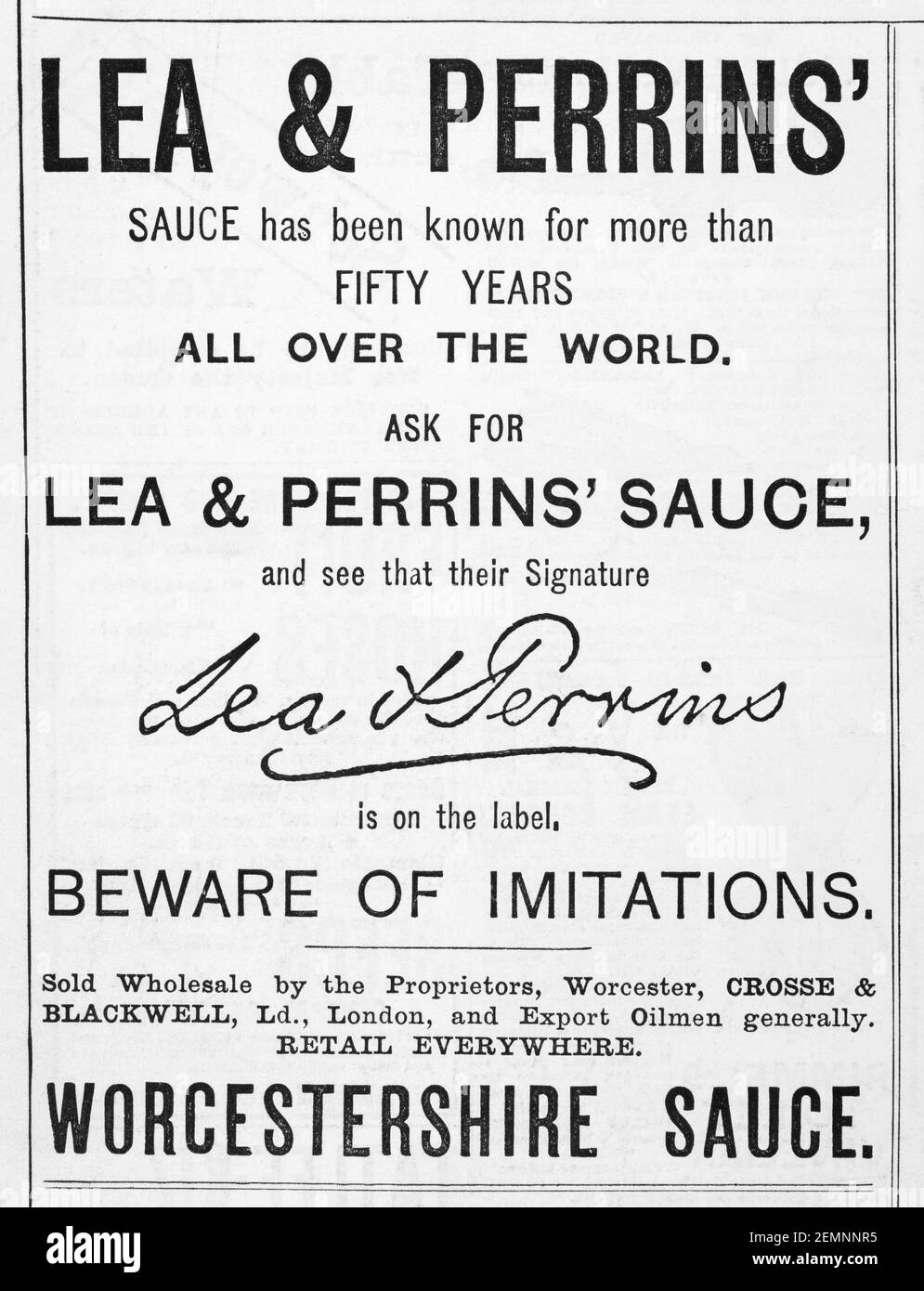 Old Victorian Magazine newsprint Lea & Perrin's Worcestershire Sauce Anzeige von 1894 - vor dem Anbruch der Werbestandards. Stockfoto