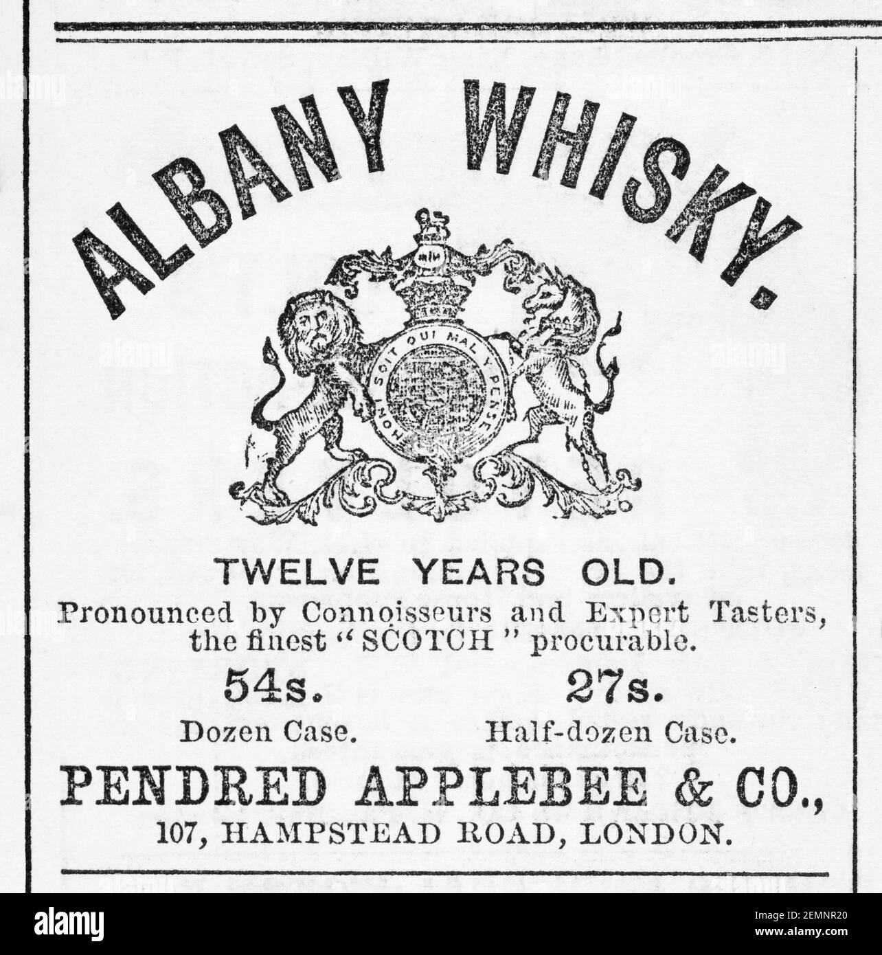 Old Victorian Magazin Zeitungspapier Albany Whiskey Werbung von 1883 - vor dem Anbruch der Werbestandards. Geschichte des Whiskys. Stockfoto