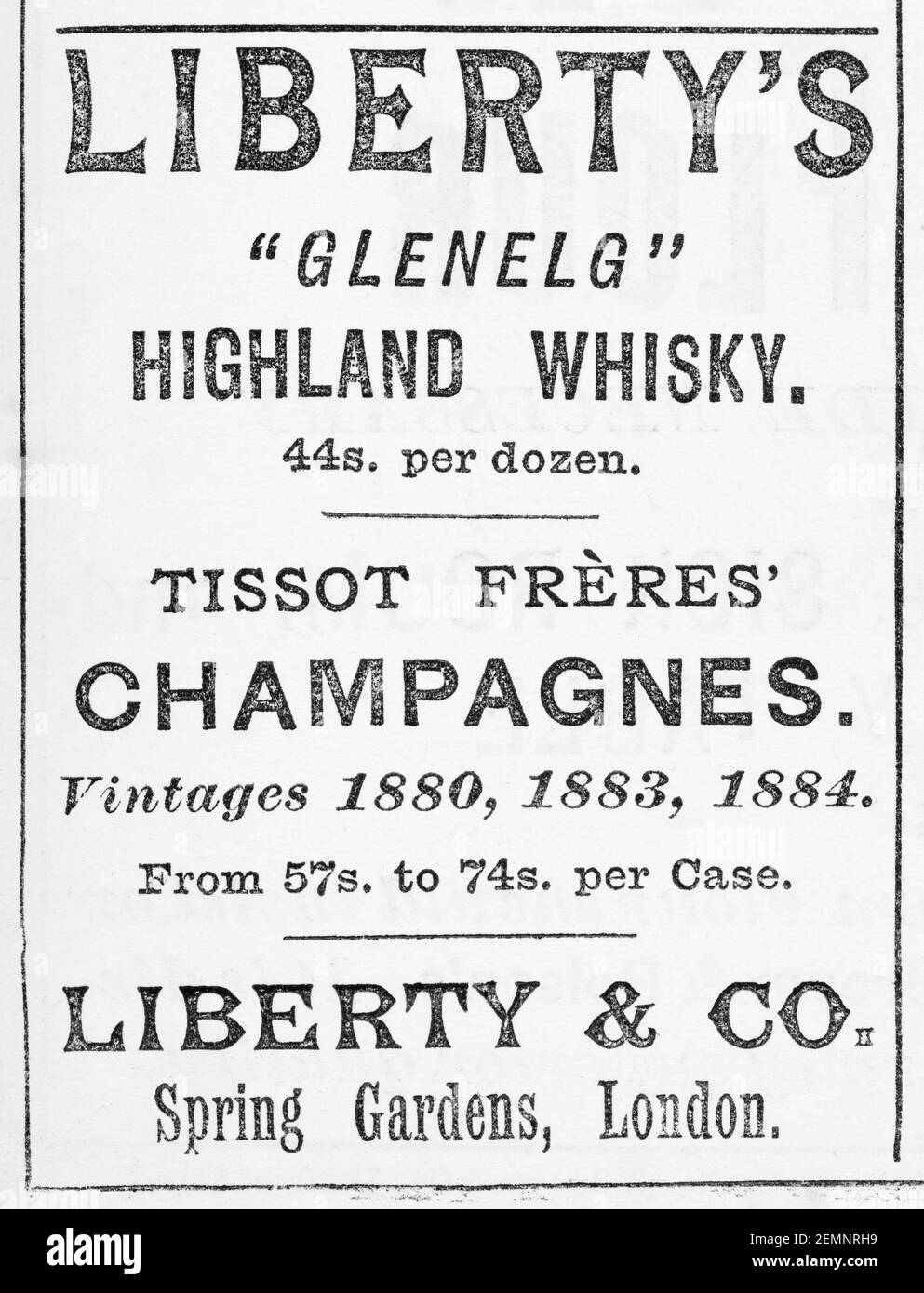 Werbespot des alten viktorianischen Magazins Newsprint Liberty's Glenelg Whiskey & Champagne aus dem Jahr 1887 - vor dem Anbruch der Werbestandards. Stockfoto