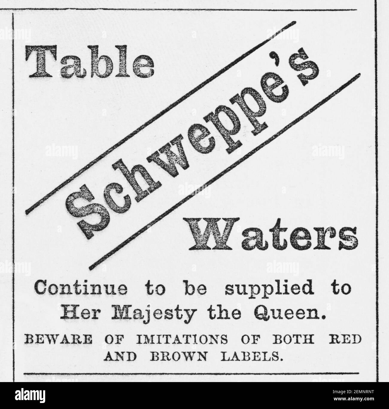 Alte viktorianische Zeitschrift Zeitungsdruckpapier Schweppe's Table Water Anzeige von 1891 - vor dem Anbruch der Werbestandards. Stockfoto