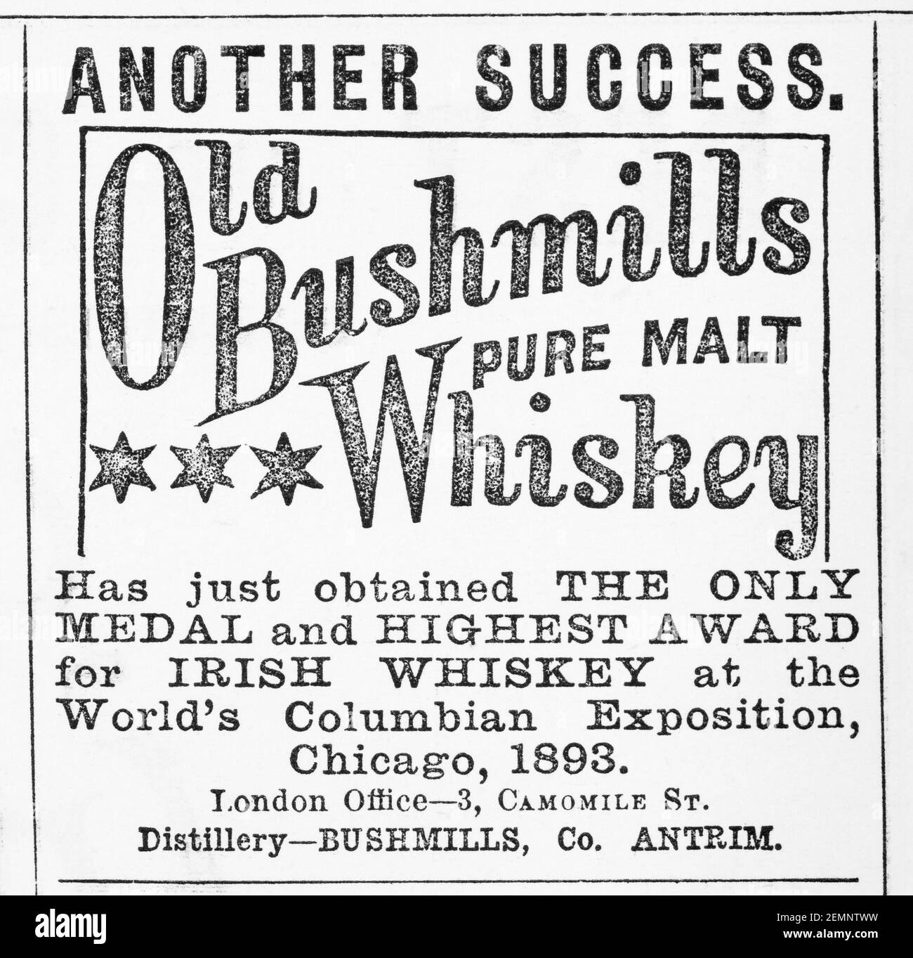 Old Victorian Magazine Newsprint Old Bushmills Whiskey-Werbung von 1894 - vor dem Anbruch der Werbestandards. Geschichte des Whiskys. Stockfoto